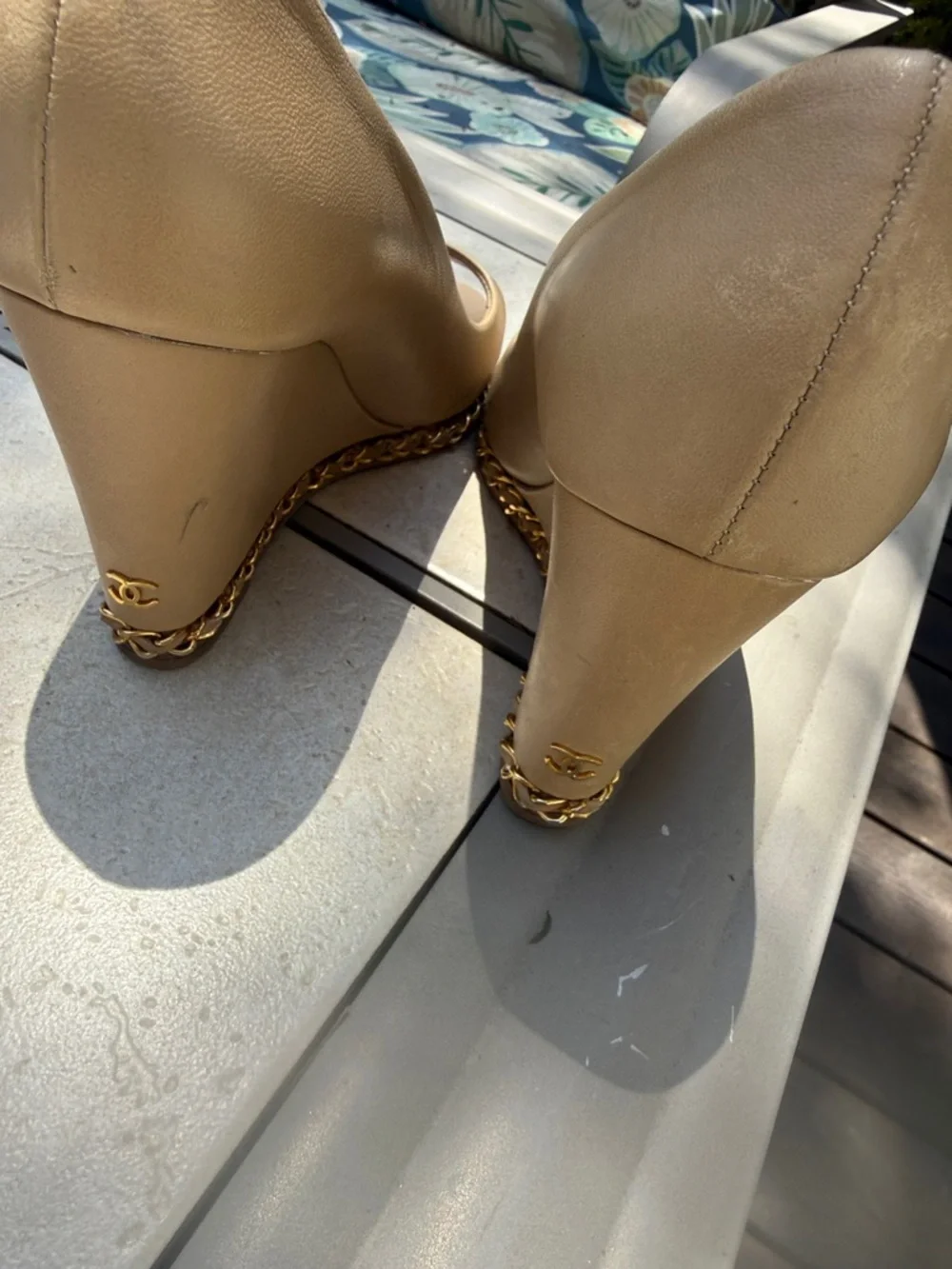 Iconic CHANEL Nude Beige Peep-Toe Platform with Chain Trim Interlocking CC logo